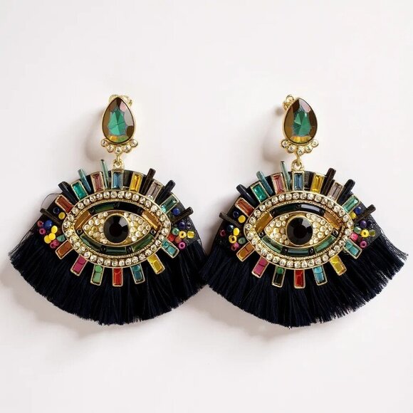 Colorful Beaded & Crystal Evil Eye Earrings w/fringe - Picture 1 of 3